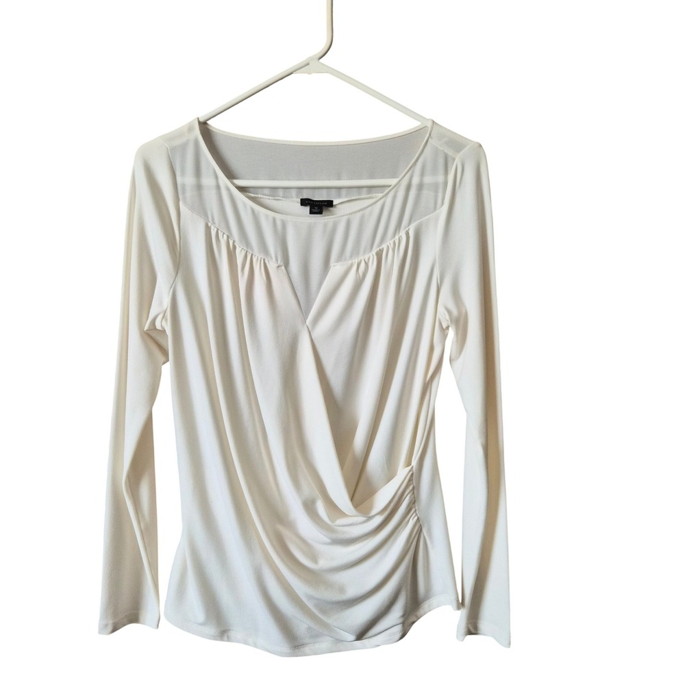 Ann Taylor Ivory Faux Wrap Draped Long Sleeve Blouse Mesh Panel Top Cream M